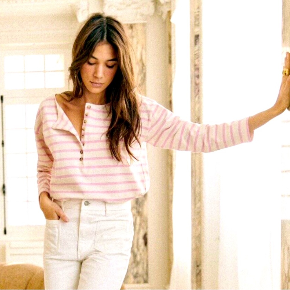 Sezane Gatsby Mariniere top shirt striped buttons pink